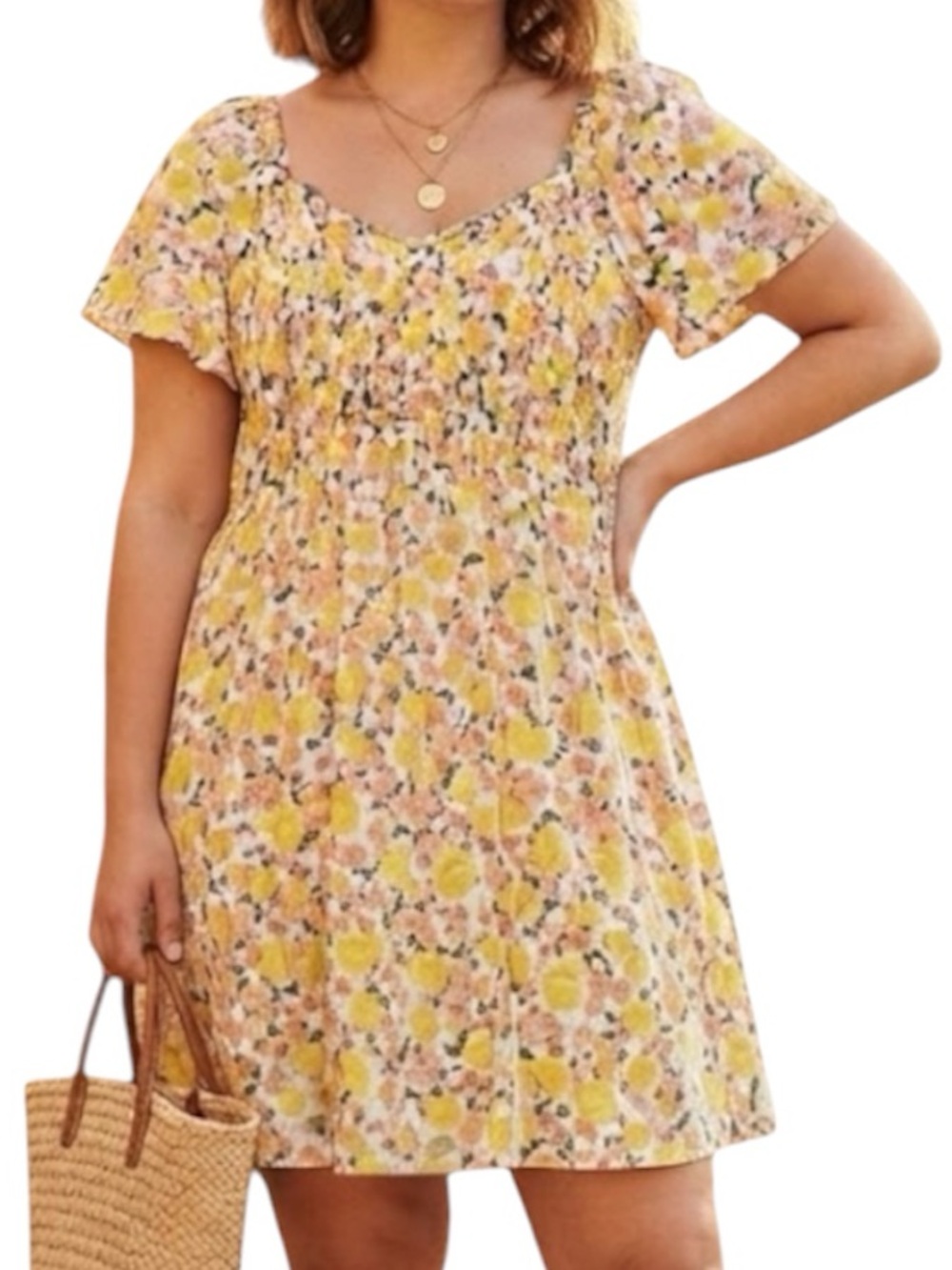 JOLIE & JOY Lemon Yellow Ruched Floral Dress Cottagecore Boho XL